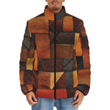 Down-Padded Puffer Jacket Brown Leather Grunge Patchwork