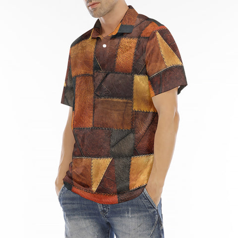 Men's Polo Shirt Brown Leather Grunge Patchwork