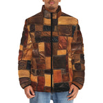 Down-Padded Puffer Jacket Leather Patchwork Print Collage