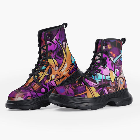 Casual Leather Chunky Boots Colorful Graffiti Design