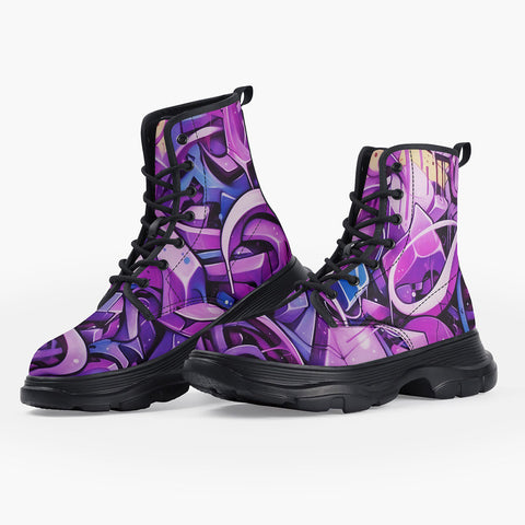 Casual Leather Chunky Boots Neon Graffiti Artwork