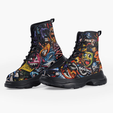 Casual Leather Chunky Boots Zombies and Demons Graffiti