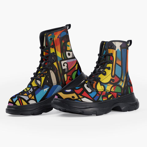 Casual Leather Chunky Boots Psychedelic Graffiti Art