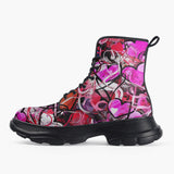 Casual Leather Chunky Boots Pink Hearts Graffiti