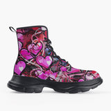 Casual Leather Chunky Boots Pink Hearts Graffiti