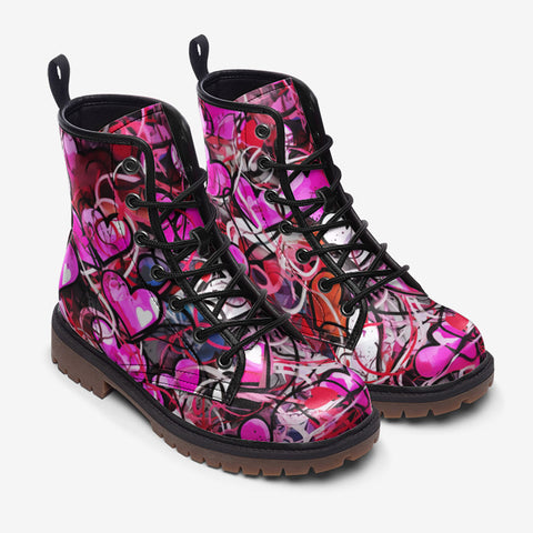 Leather Boots Pink Hearts Graffiti