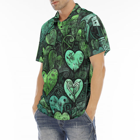 Men's Polo Shirt Green Hearts Graffiti Art