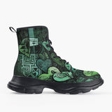 Casual Leather Chunky Boots Green Hearts Graffiti Art