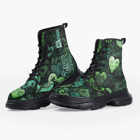 Casual Leather Chunky Boots Green Hearts Graffiti Art