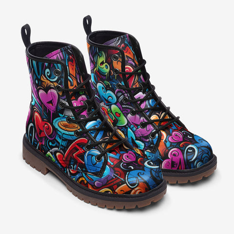 Leather Boots Colorful Hearts Graffiti