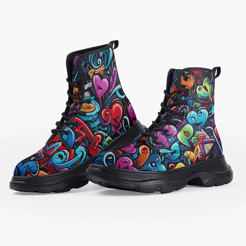 Casual Leather Chunky Boots Colorful Hearts Graffiti
