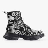 Casual Leather Chunky Boots Black and White Graffiti Artwork Collage