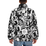 Down-Padded Puffer Jacket Black and White Graffiti Artwork Collage