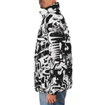 Down-Padded Puffer Jacket Black and White Graffiti Artwork Collage
