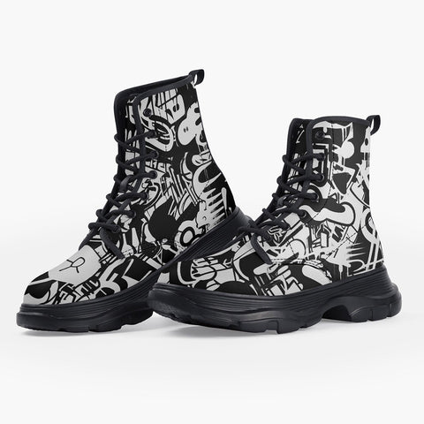 Casual Leather Chunky Boots Black and White Graffiti Artwork Collage