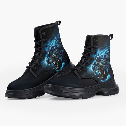 Casual Leather Chunky Boots Tiger Glowing Blue Smoke