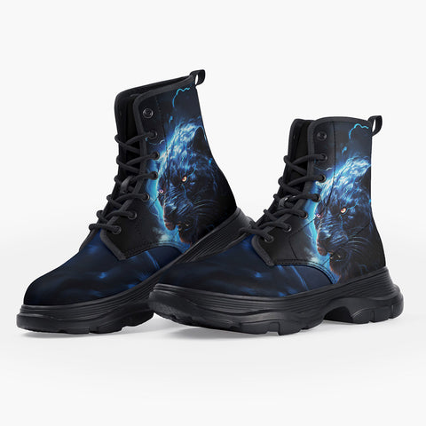 Casual Leather Chunky Boots Black Panther with Blue Lightning