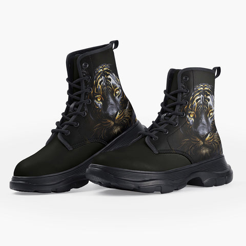 Casual Leather Chunky Boots Black Tiger Glowing Gold
