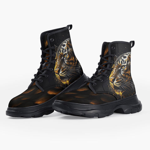 Casual Leather Chunky Boots Tiger Gold Dripping Paint