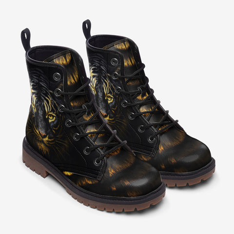 Leather Boots Golden and Black Tiger Head