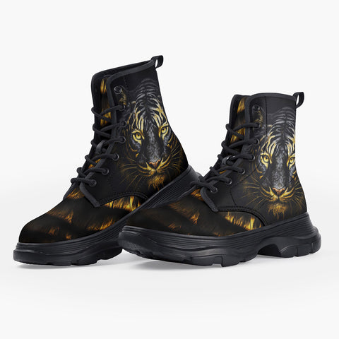 Casual Leather Chunky Boots Golden and Black Tiger Head