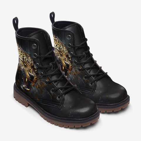 Leather Boots Golden Leopard Roaring