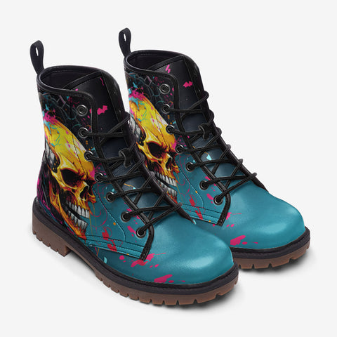 Leather Boots Abstract Skull in Graffiti Style