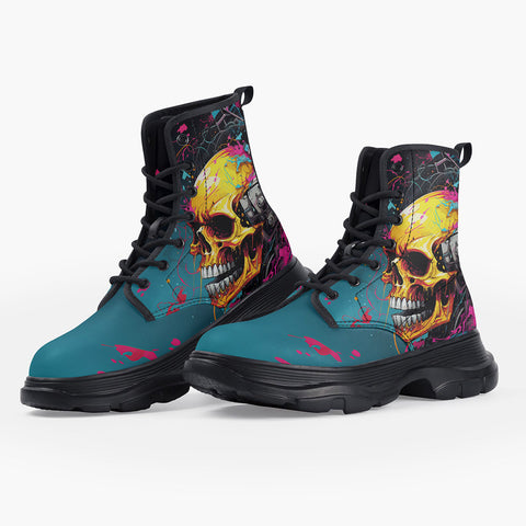 Casual Leather Chunky Boots Abstract Skull in Graffiti Style
