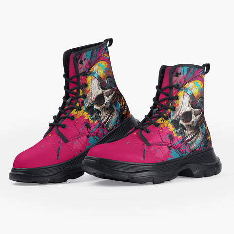 Casual Leather Chunky Boots Psychedelic Colorful Skull
