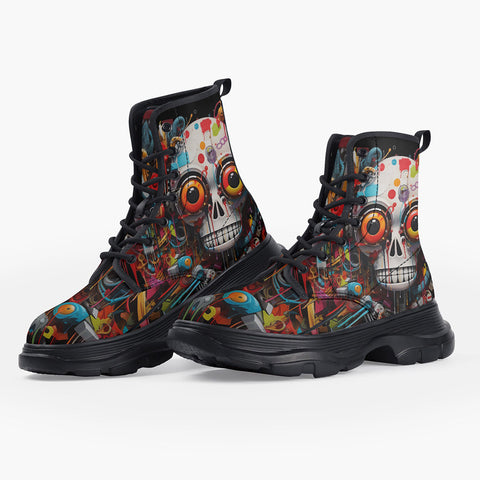 Casual Leather Chunky Boots Surrealistic Colorful Skull