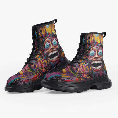 Casual Leather Chunky Boots Psychedelic Bizarre Face