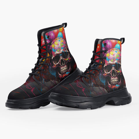 Casual Leather Chunky Boots Colourful Balloons with Skull