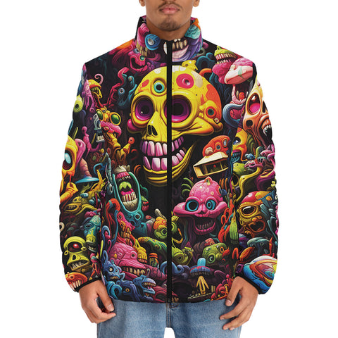 Down-Padded Puffer Jacket Psychedelic Weird Skulls and Monsters