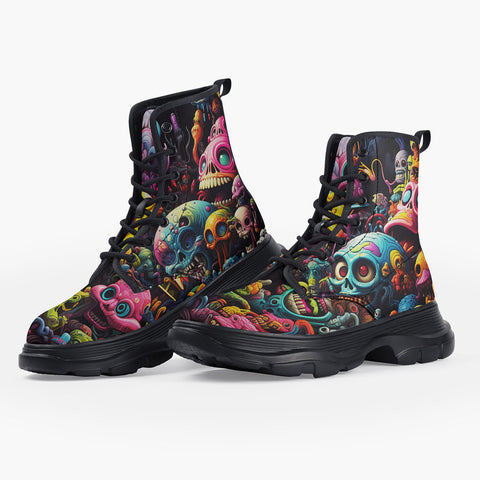 Casual Leather Chunky Boots Psychedelic Weird Skulls and Monsters