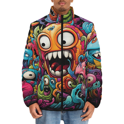 Down-Padded Puffer Jacket Colorful Monsters Graffiti Art