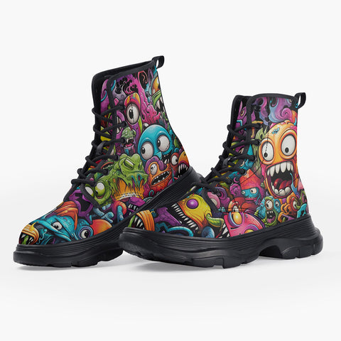 Casual Leather Chunky Boots Colorful Monsters Graffiti Art