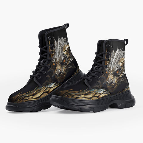 Casual Leather Chunky Boots Metal Dragon with Golden Horns