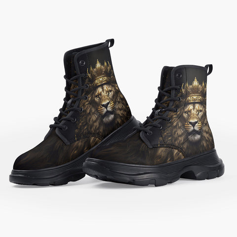 Casual Leather Chunky Boots Golden Lion with Crown