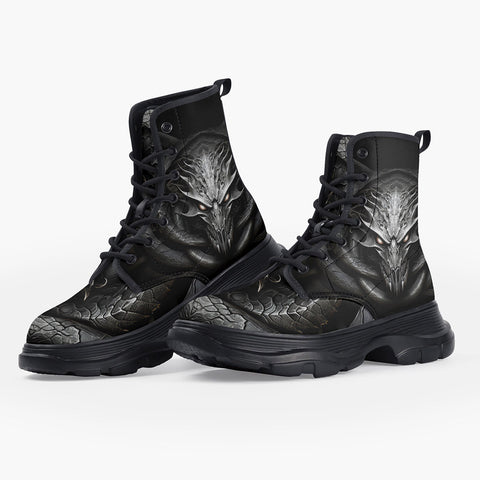 Casual Leather Chunky Boots Dark Silver Dragon