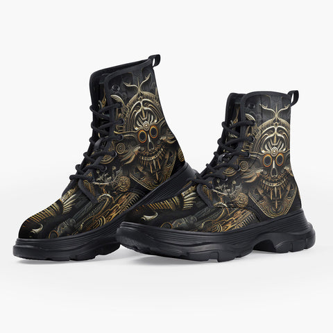 Casual Leather Chunky Boots Golden Mayan Skull Ornament