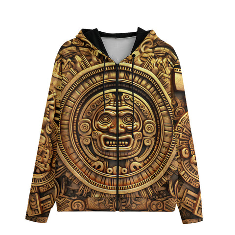 Men's Zip Up Hoodie Golden Aztec Carving