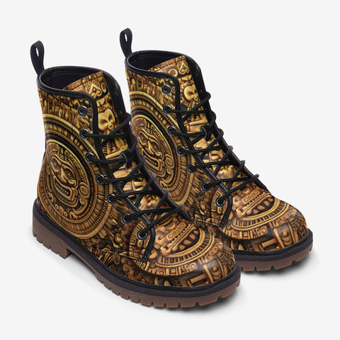 Leather Boots Golden Aztec Carving