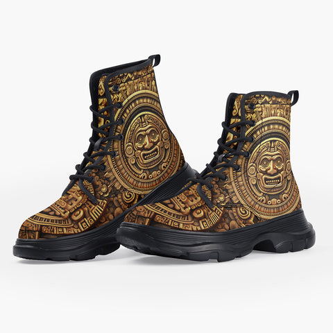 Casual Leather Chunky Boots Golden Aztec Carving
