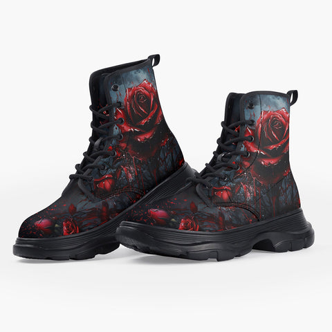 Casual Leather Chunky Boots Gothic Bloody Rose