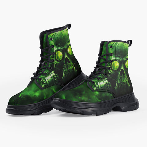 Casual Leather Chunky Boots Green Skull with Gas Mask