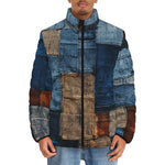 Down-Padded Puffer Jacket Blue and Brown Denim Patchwork Print