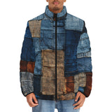 Down-Padded Puffer Jacket Blue and Brown Denim Patchwork Print