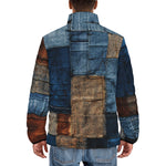Down-Padded Puffer Jacket Blue and Brown Denim Patchwork Print