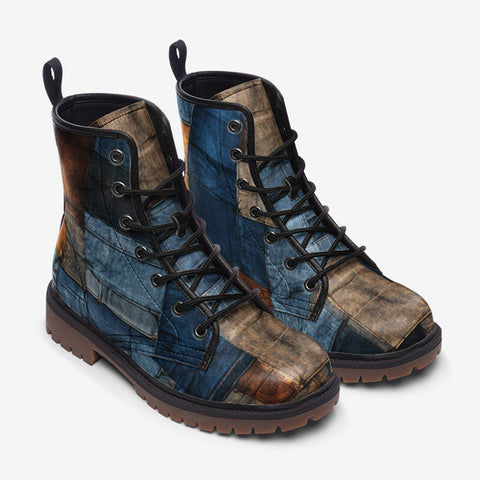 Leather Boots Blue and Brown Denim Patchwork