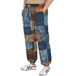 Men's Sweatpants Blue and Brown Denim Patchwork